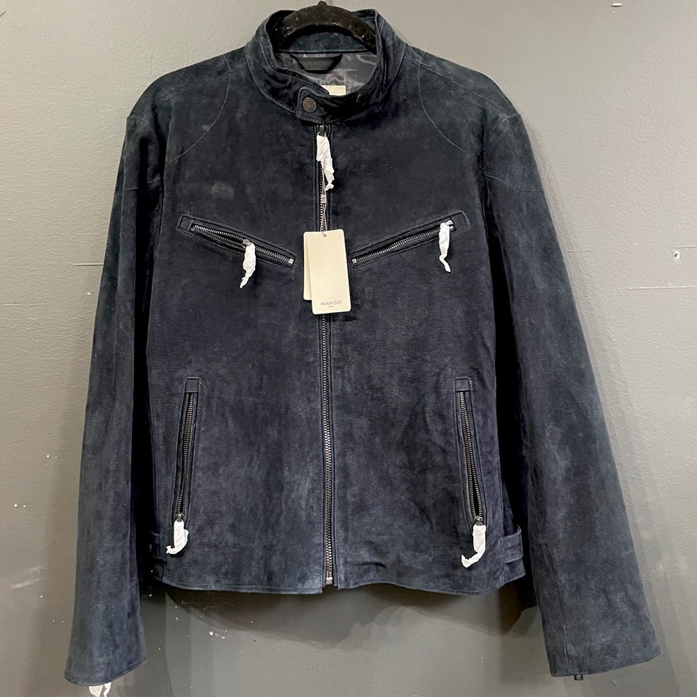 Mango Men's S Navy Leather Palmero Biker Jacket